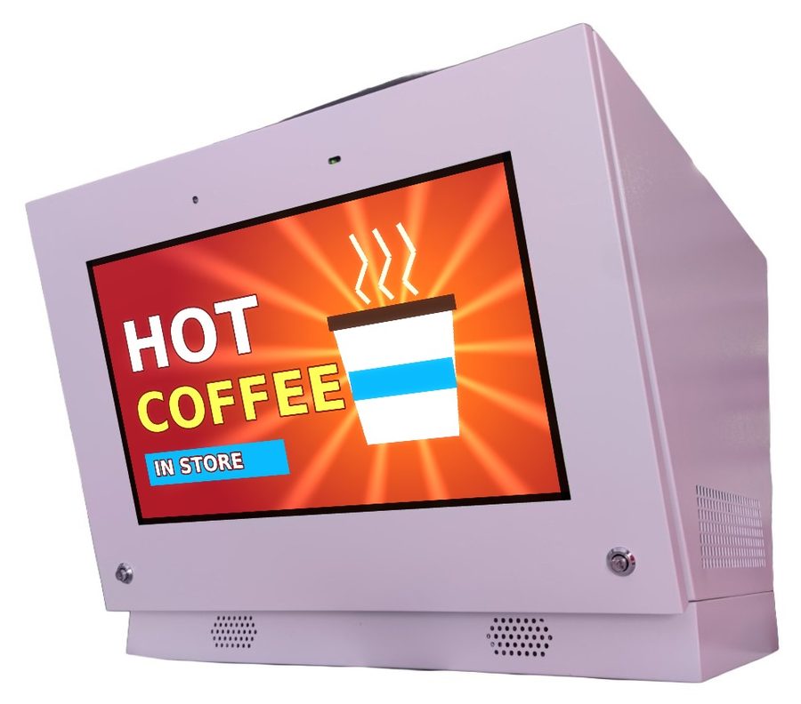 LED pump-topper display advertising coffee inside the store