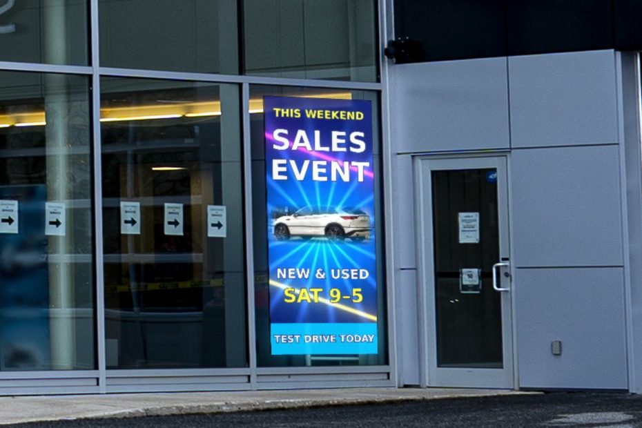 LED screen hung behind a car dealership's storefront glass, facing the street